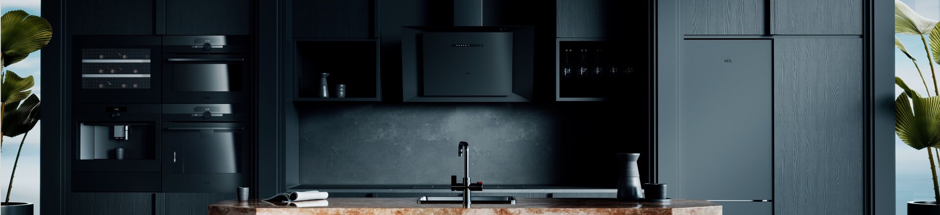 Augstākās kvalitātes melns tvaika nosūcējs, kas iebūvēts sienas virtuves sienā